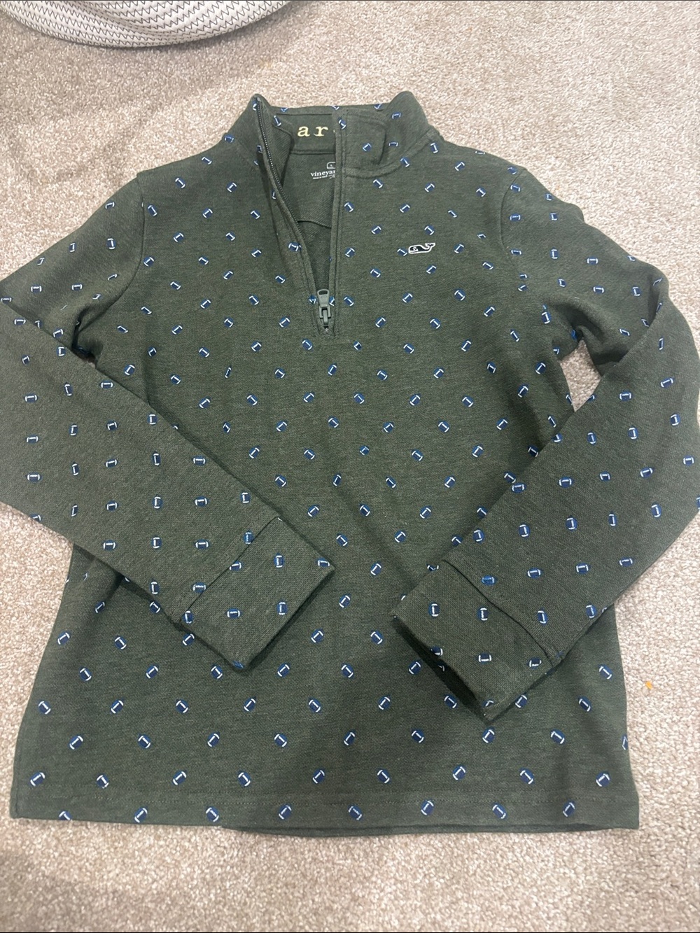 Vineyard Vines Olive Green Half-Zip Sweater with Blue Motif